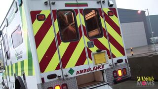 Sleazy nurses having fun with 2 men in the ambulance
