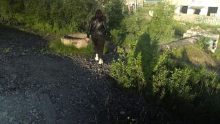 Jizz on the tongue in an abandoned place, a husband walked nearby