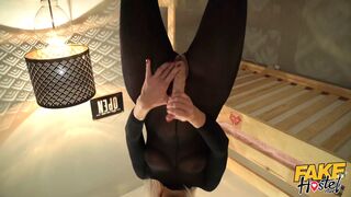 Fake Hostel - Slim blonde babe tied up and rammed by Futa MILF schlong in bidy stocking with oral and vagina cream-pie climax