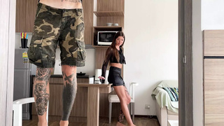 She paid off the repairman with a juicy bj and boned him in different poses